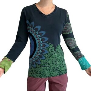 Desigual Y2K T-Shirt Long Sleeve V-Neck Top Peacock Colorful Size Extra Large